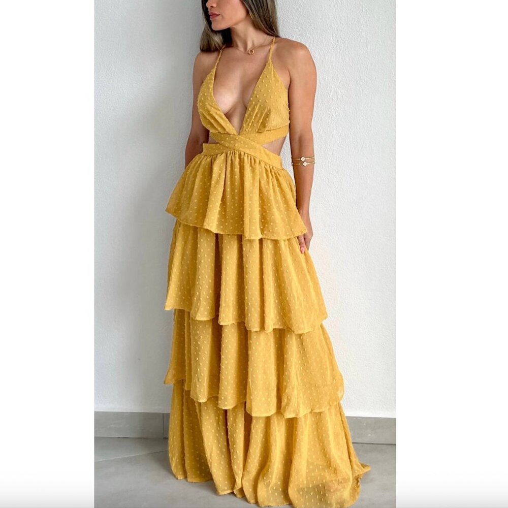 NWT Nikki Lund Boho Tiered Maxi Dress Mustard Yellow Size‎ Medium Wedding Guest